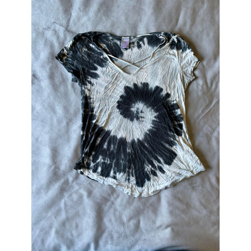 No Boundaries Black White Tie Dye Spiral V-Neck Lattice Short Sleeve Top Small